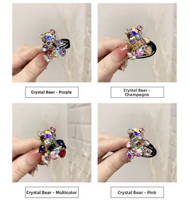Detail of high-elasticity hair ties featuring crystal bear shapes in four vivid colors