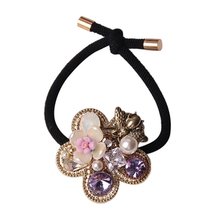Elegant floral hair tie with baroque pearls, crystals and a gold bee on black elastic