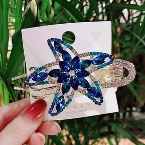 Silver alloy starfish hair claw clip with deep blue crystal floral pattern for women