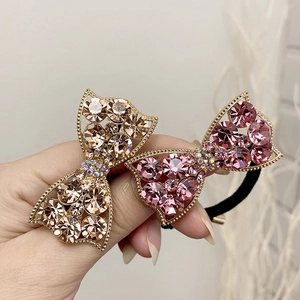 Sparkling crystal bow hair ties in champagne and pink with elastic bands for women