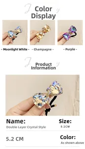 Detail showing dual-layer crystal bow hair ties in white, champagne, and purple colors