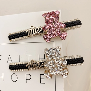 Cute teddy bear hair clips with rhinestones and black woven fabric for women