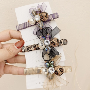 Korean Style Organza Bowknot Hair Clip With Rhinestone Faux Artificial Pearl Leopard Pattern Duckbill Side Clip Fashion Hair Jewelry