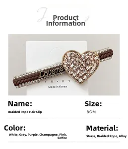 Detail view of rhinestone heart braided hair clip with Loveme text and 8cm dimensions