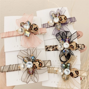 5-piece elegant rhinestone organza bow hair clip set with pearls and leopard beads