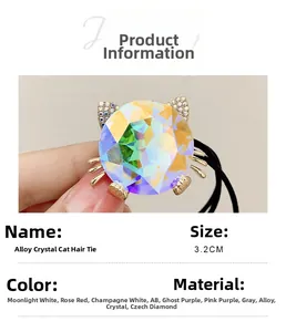 Detailed view of alloy crystal cat hair tie with rhinestone ears and 3.2cm dimensions