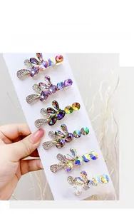 Set of six colorful crystal rhinestone hair clips with leaf and bunny ear designs