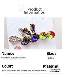Detail view of a 6.5cm alloy rabbit hair clip featuring purple rhinestones and crystals