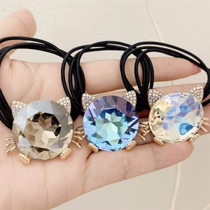 Three-piece set of cute crystal cat head hair ties with rhinestones and gold whiskers