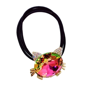 Cute cat-shaped hair tie featuring multi-color crystal rhinestone and elastic black band