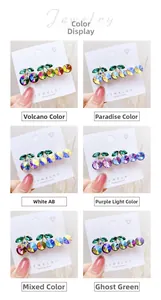 Detail view of six color variants of crystal cherry hair clips in a grid display