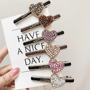 Set of 6 rhinestone heart hair clips with woven base in black and brown shades