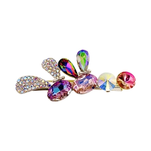 Rainbow crystal leaf hair clip with purple and green rhinestones on gold alloy base