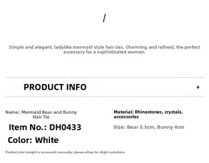 Detailed product specifications for pearlescent bear and rabbit hair ties with crystal accents