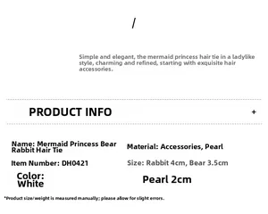 Detailed size chart for bear and rabbit hair ties featuring pearl dimensions and materials