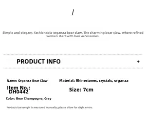 Specifications chart for organza bear hair claw clip with rhinestones and crystals 7cm