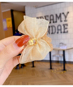 Close-up of champagne organza bow hair claw clip with a square sparkling gemstone