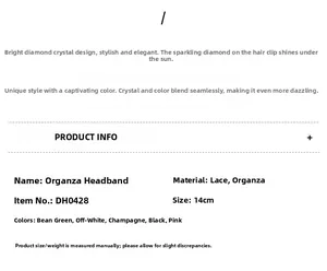 Detailed size chart and specifications for 14cm organza lace headband in five colors