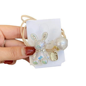 Iridescent bunny hair tie with sparkling rhinestones and large white pearl bead