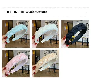 Detailed color show of five braided organza headbands in mint, ivory, black, pink, and gold
