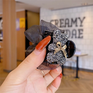 Sparkling rhinestone bear hair claw clip with black organza petals for women and girls