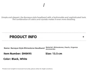 Detailed specifications of the baroque pearl and rhinestone headband in black and white colors