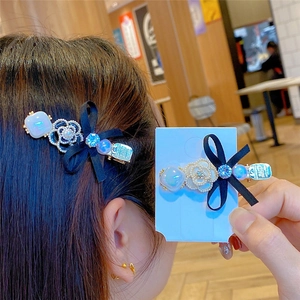 Korean style camellia flower hair clip with black bow pearl and rhinestones for women