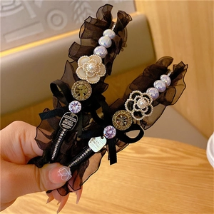 Vintage Baroque Camellia Headband With Artificial Pearl Rhinestone Lace Elegant Flower Hair Band For Women Hair Accessories