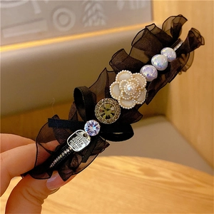 Elegant vintage camellia headband with pearls, lace and rhinestones for women