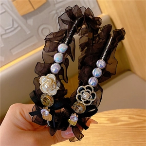 Vintage black lace headband with pearl camellia flower and rhinestones for women