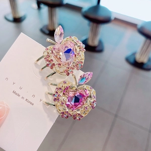 Mini pinzas para el cabello de manzana con cristales de corazón rosa y aleación dorada