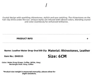 Specifications of 6cm leather rhinestone hair clips in teardrop and oval shapes