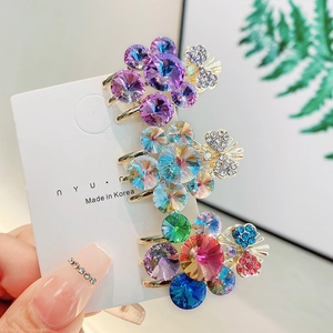 Elegant floral hair clips with colorful K9 crystals and rhinestones on gold base