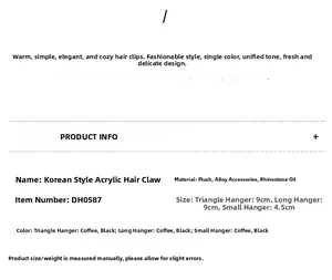 Detailed specifications of crystal triangle hair claw clips with size and material info