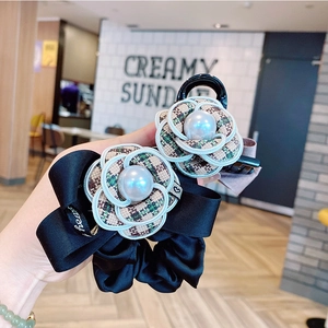 Elegant plaid camellia hair scrunchie and claw clip set with pearls and bow