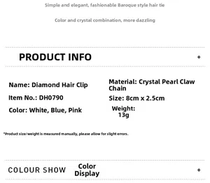 Baroque style BB hair clip specifications showing crystal and pearl materials and 8cm size