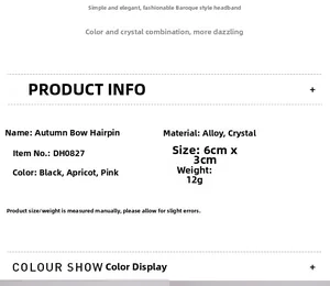Detailed specification chart for crystal bow hair clips showing dimensions and materials