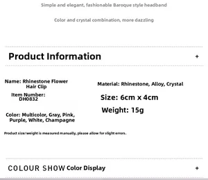 Detailed specifications of crystal flower hair clip showing size, weight, and material info