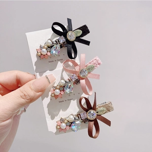 Korean Crystal Rhinestone Bow Duckbill Hair Clip With Imitation Artificial Pearl Satin Fabric Sweet Side Fringe Clip For Women