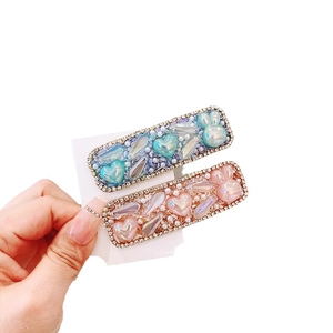 Sparkly heart and rabbit hair clips set with pearls and rhinestones in blue and pink