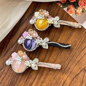 Barrette à Cheveux Elégante Fleur en Pierre Oeil de Chat Avec Künstliche Perle Strass Feuille Baroque Pince à Ressort pour Femme