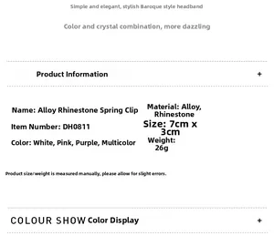 Detailed specifications table for rhinestone flower spring hair clip showing sizes and colors