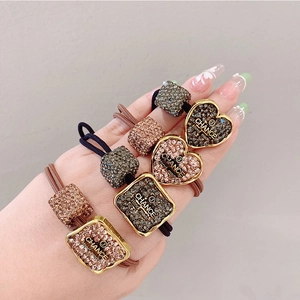 Korean Style Handmade Alloy Full Rhinestone Heart Square Hair Tie For Women High Elastic Hair Rope Scrunchies Accessory