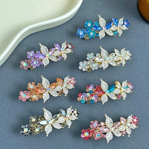 Barrette à Ressort Élégante en Alliage Fleur Feuille Strass Style Coréen Épingle à Cheveux en Cristal pour Femme Bijoux de Mariage