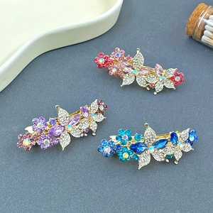 Barrettes à cheveux élégantes avec strass fleurs et feuilles en rose violet et bleu doré