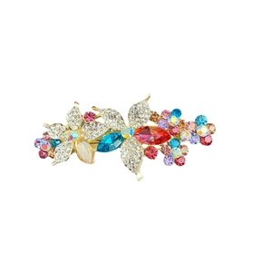 Pince à cheveux florale élégante avec strass colorés et motif de feuilles en alliage d'or