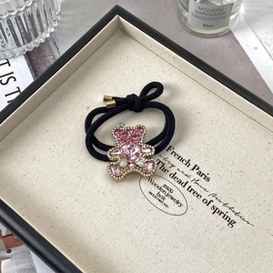 Élastique à cheveux ours en peluche avec strass roses et pierre en cœur sur ruban noir