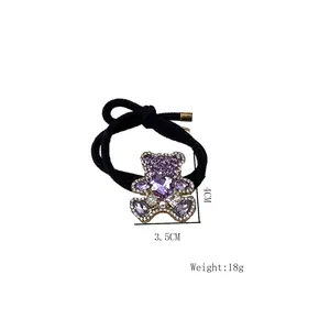Élastique à cheveux ours en strass avec pendentif cristal violet sur ruban noir