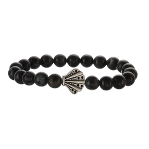 Detailed close-up of handmade black beaded bracelet with silver shell metal charm