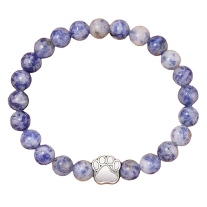 Detail shot of 10mm blue and white natural stone beads with a silver dog paw charm